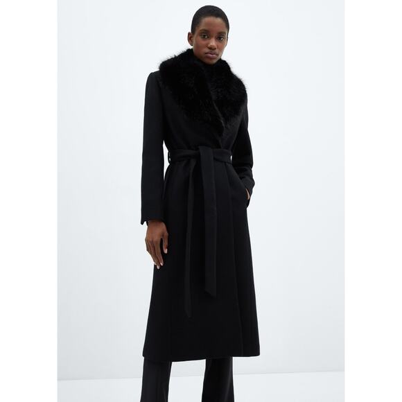 Mango Detachable Wool Coat With Fur-Effect Collar Black - XL - Picture 1 of 8